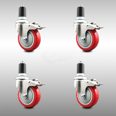 Service Caster 4 Inch 316SS Red Poly Swivel 1-5/8 Inch Expanding Stem Caster Set Lock Brake SCC-SS316TTLEX20S414-PPUB-RED-158-4